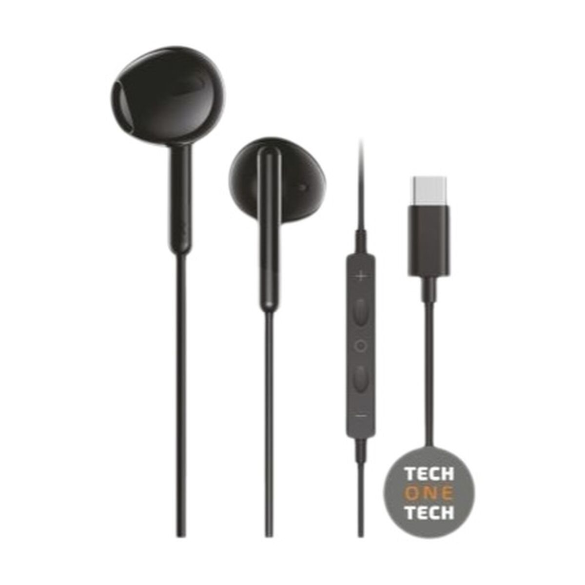 Auricolari neri con cavo e connettore USB-C. Include controllo volume e logo Tech One Tech.