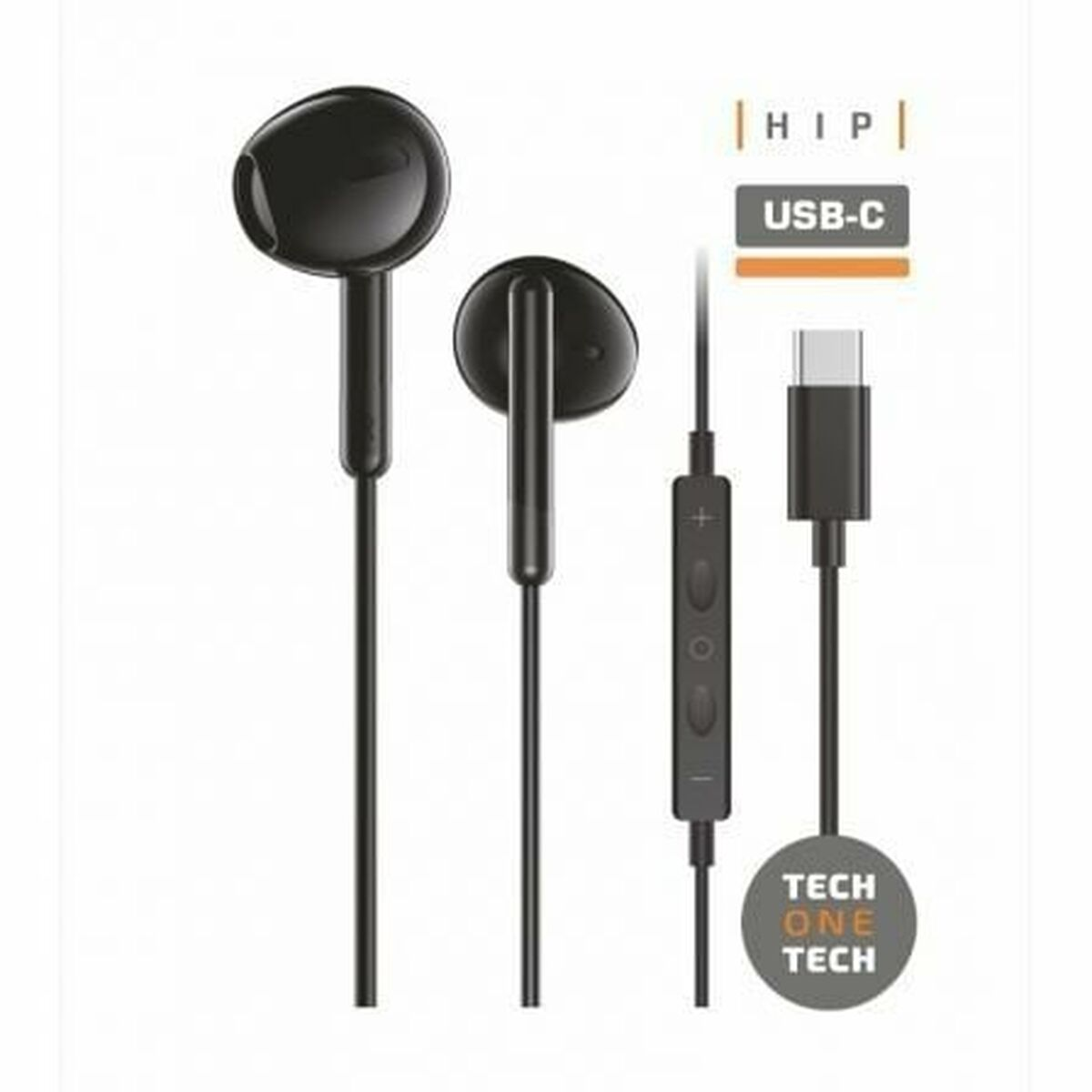 Auricolari neri con connettore USB-C. L'immagine mostra anche un pannello di controllo e l'etichetta del marchio.