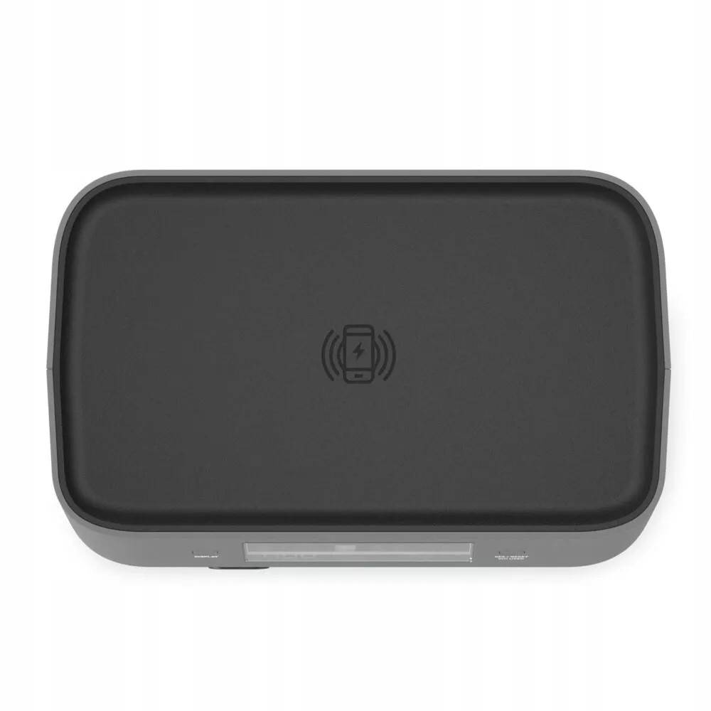 Szara ładowarka bezprzewodowa, prostokątna z zaokrąglonymi rogami. Ma ciemnoszarą górę z symbolem ładowania.
