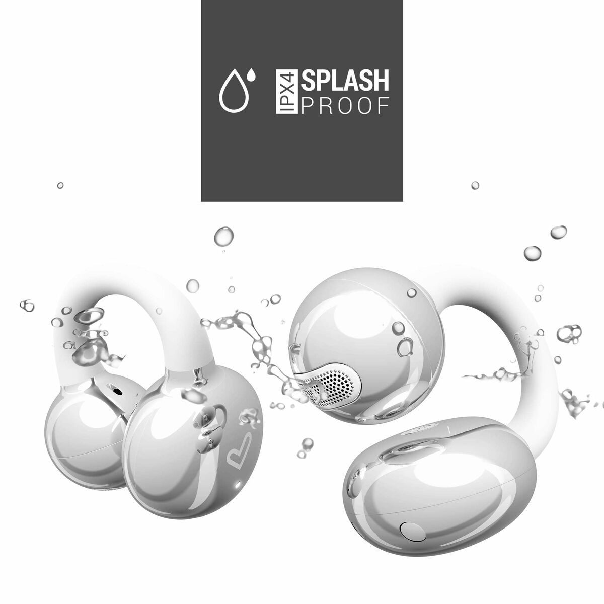 Cuffie bianche con schizzi d'acqua, testo IPX4 a prova di schizzi. Le cuffie sono su sfondo bianco.