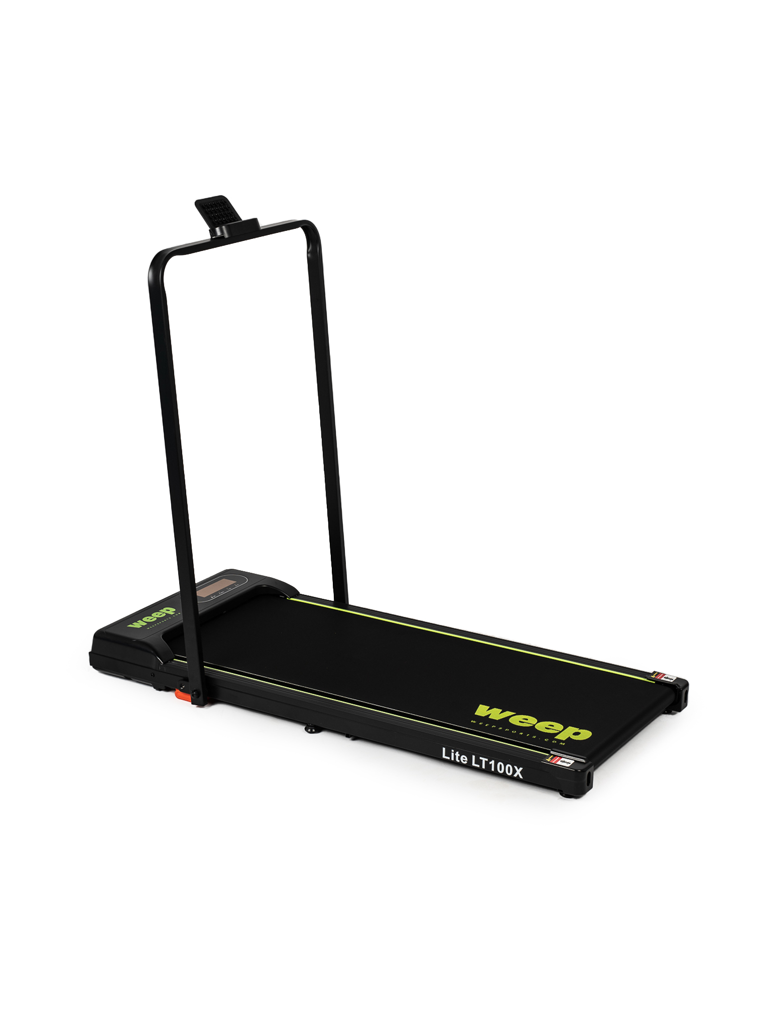 Czarna bieżnia z zielonymi akcentami i uchwytem. Z przodu widoczna nazwa marki 'weep'. Model: Lite LT100X.