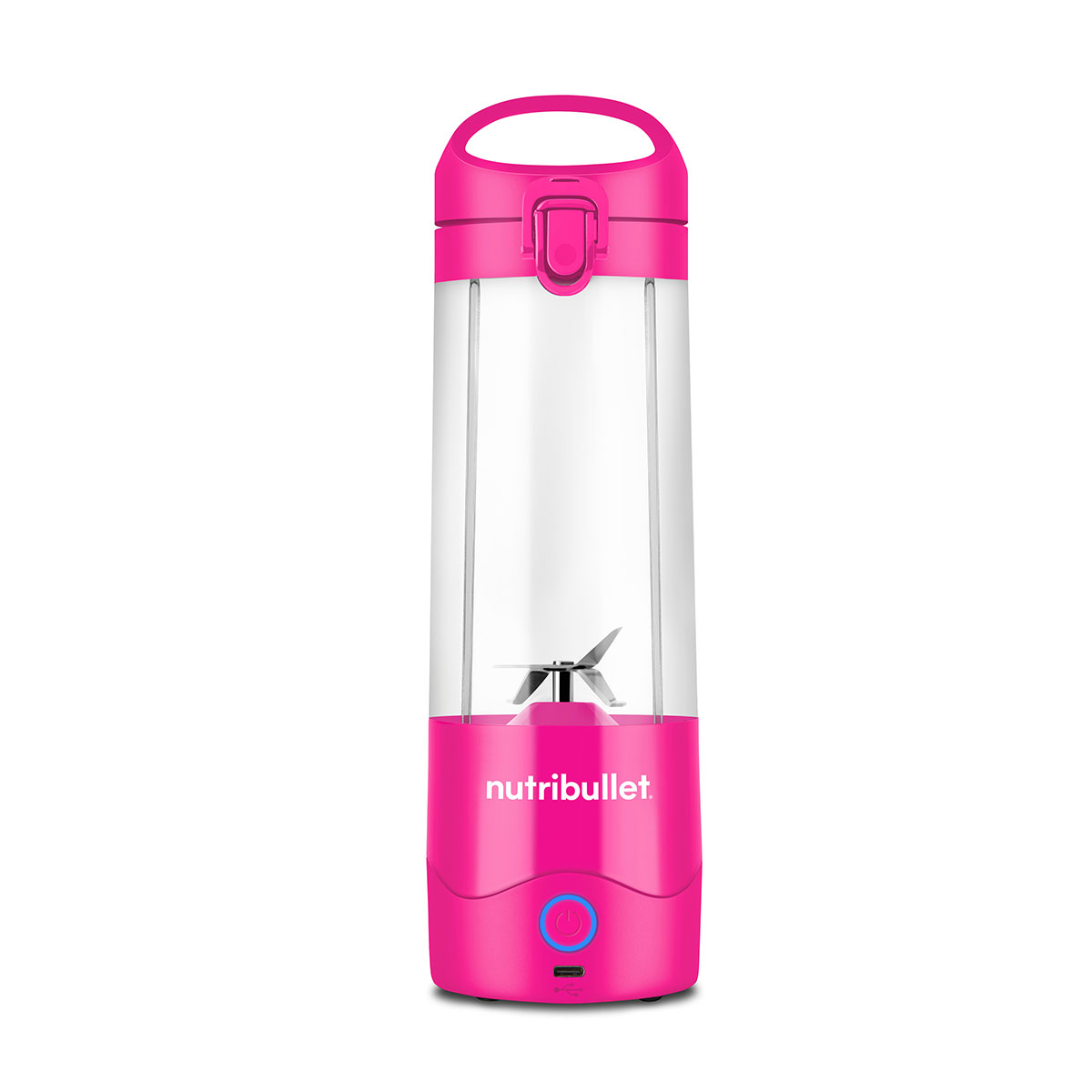 Un blender portable Nutribullet rose, avec un récipient transparent et une poignée rose. La marque est visible sur la base.