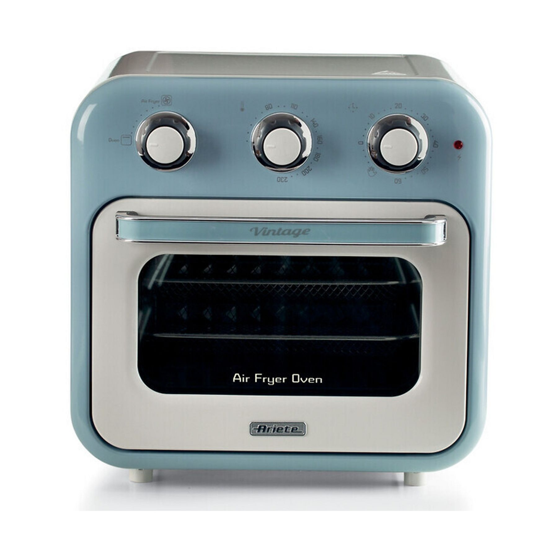 Niebiesko-biały piekarnik do smażenia na powietrzu z trzema pokrętłami, uchwytem i napisem 'Air Fryer Oven' z przodu.