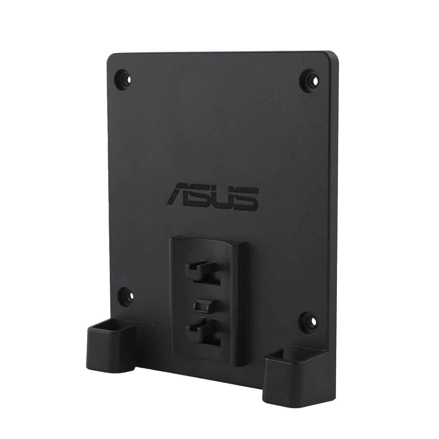Una staffa ASUS nera. Ha diversi fori e fessure, con il logo ASUS in rilievo sulla parte anteriore. Due piccole staffe nella parte inferiore.