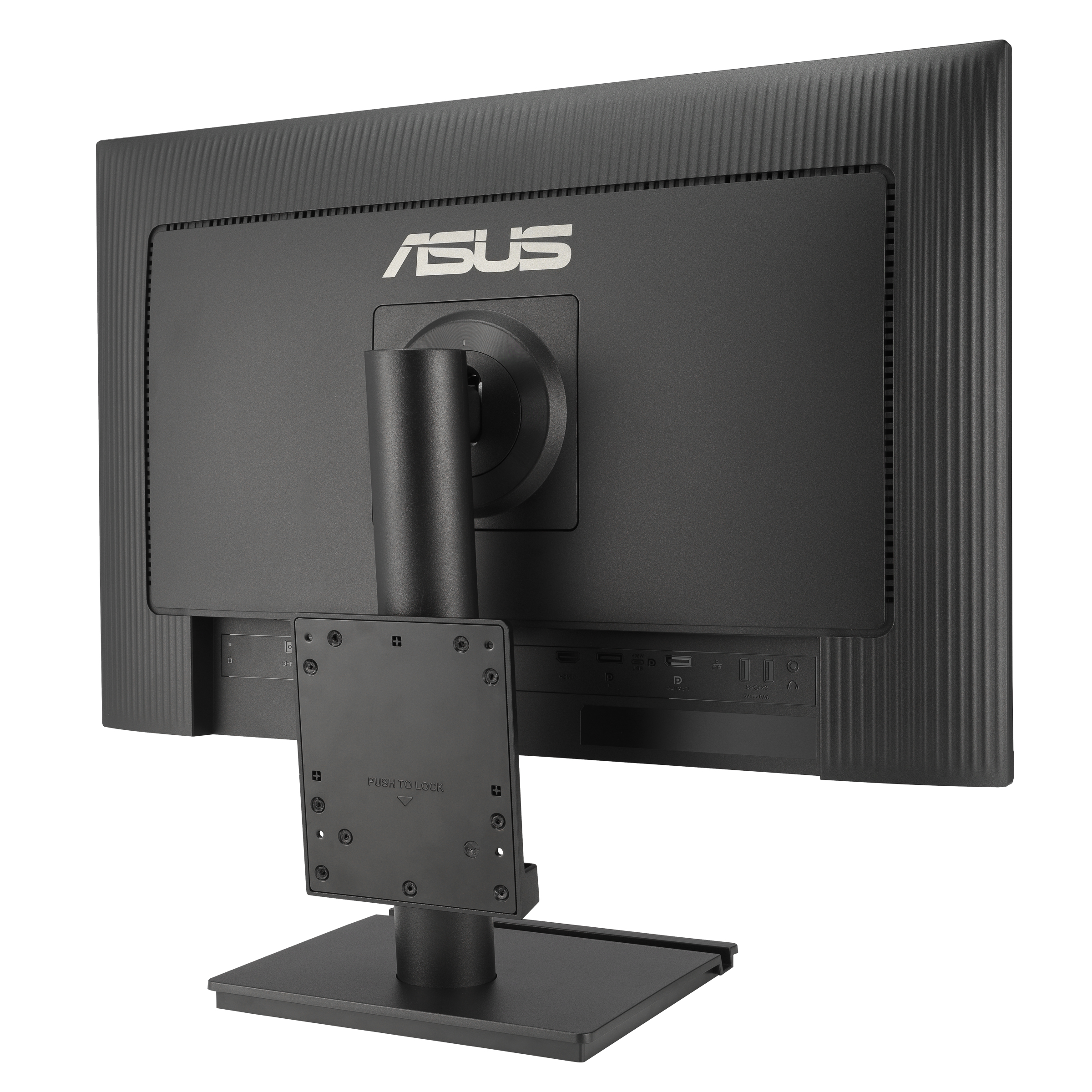 Vista posteriore di un monitor ASUS nero. Ha un supporto e varie porte visibili.