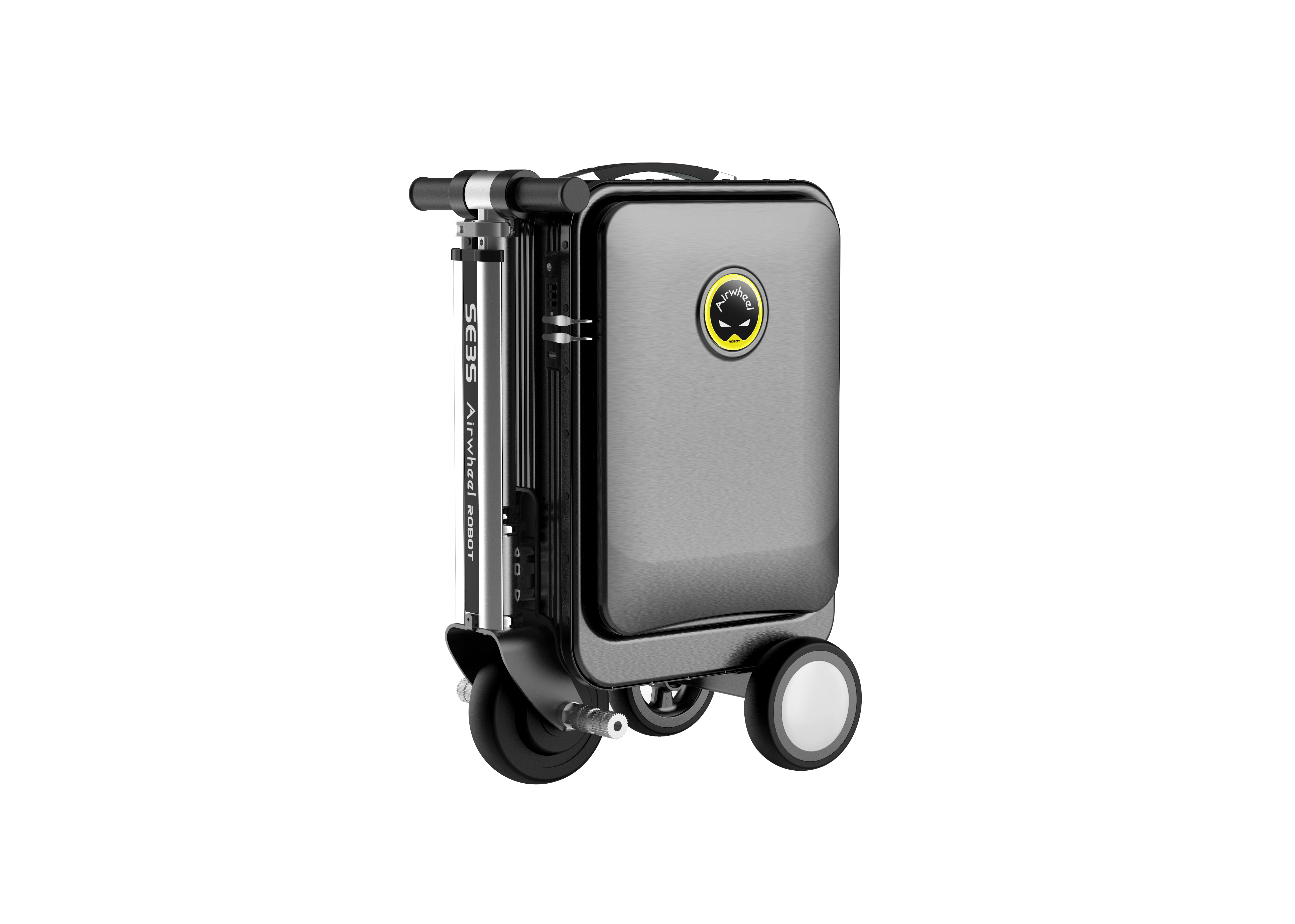 Siyah tekerlekleri ve tutacağı olan gri bir Airwheel robot çantası. Logo sarı ve siyahtır.
