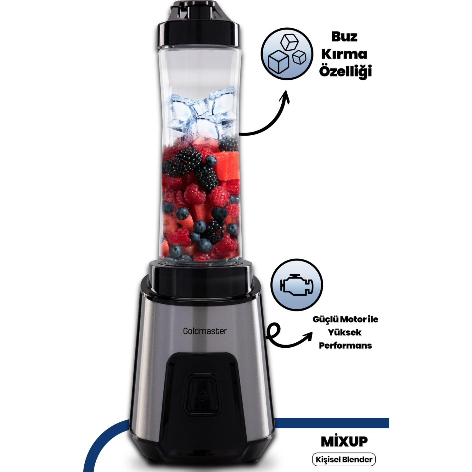 Karışık meyve ve buz içeren kişisel bir blender. Paslanmaz çelik tabanı ve siyah kapaklı şeffaf bir kabı var.