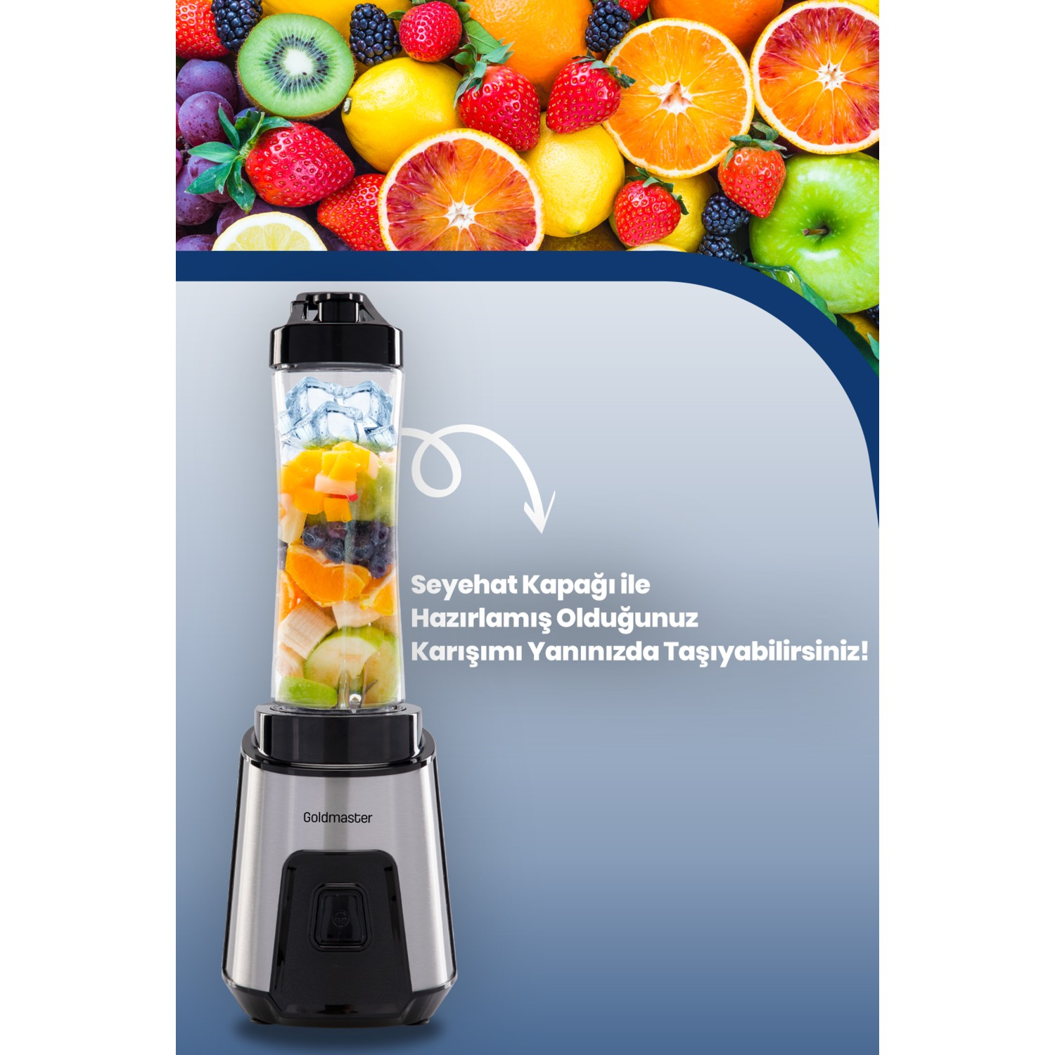 Meyvelerle bir blender. Üstte çeşitli meyveler. İçinde meyve ve buz küpleri karışımı. Türkçe metin.