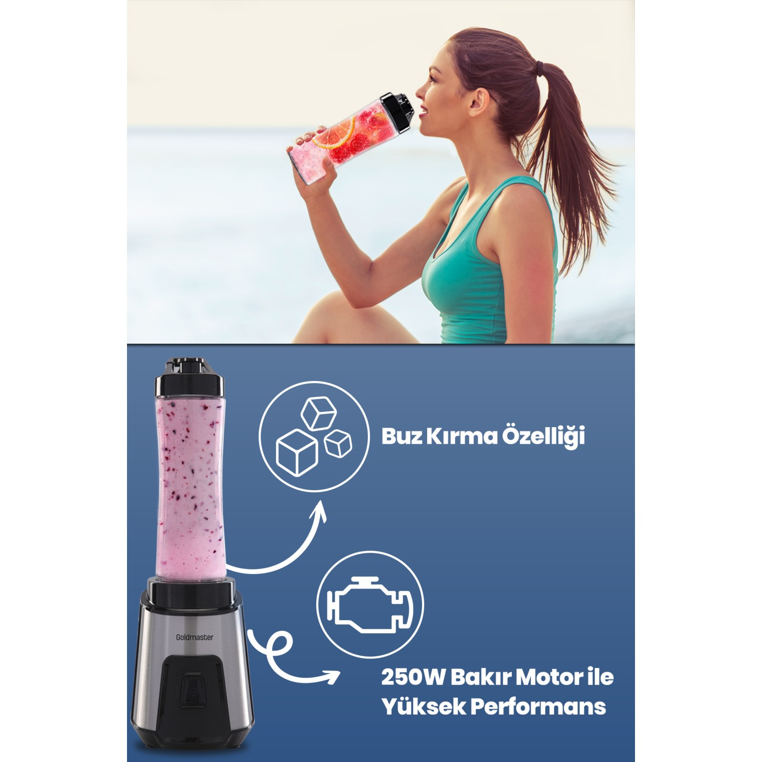 Meyveli bir şişeden içen kadın, altında blender. Blender özellikleri: buz kırma ve yüksek performans için 250W bakır motor.