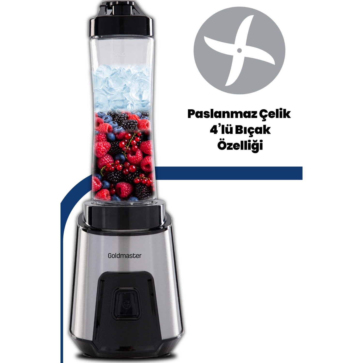 İçinde meyve ve buz bulunan bir Goldmaster blender. Türkçe metin: Paslanmaz Çelik 4'lü bıçak özelliği.