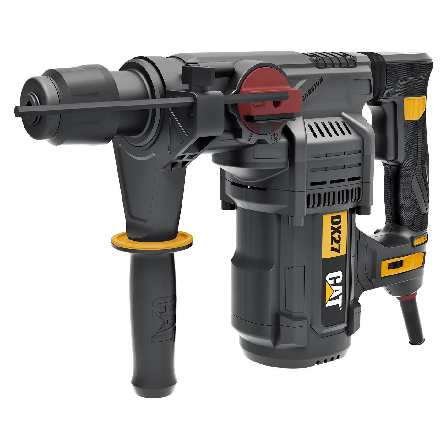 Ein CAT DX27 Bohrhammer, schwarz und grau mit gelben Akzenten, einem roten Schalter und einem schwarzen Griff. Er befindet sich auf weißem Hintergrund.