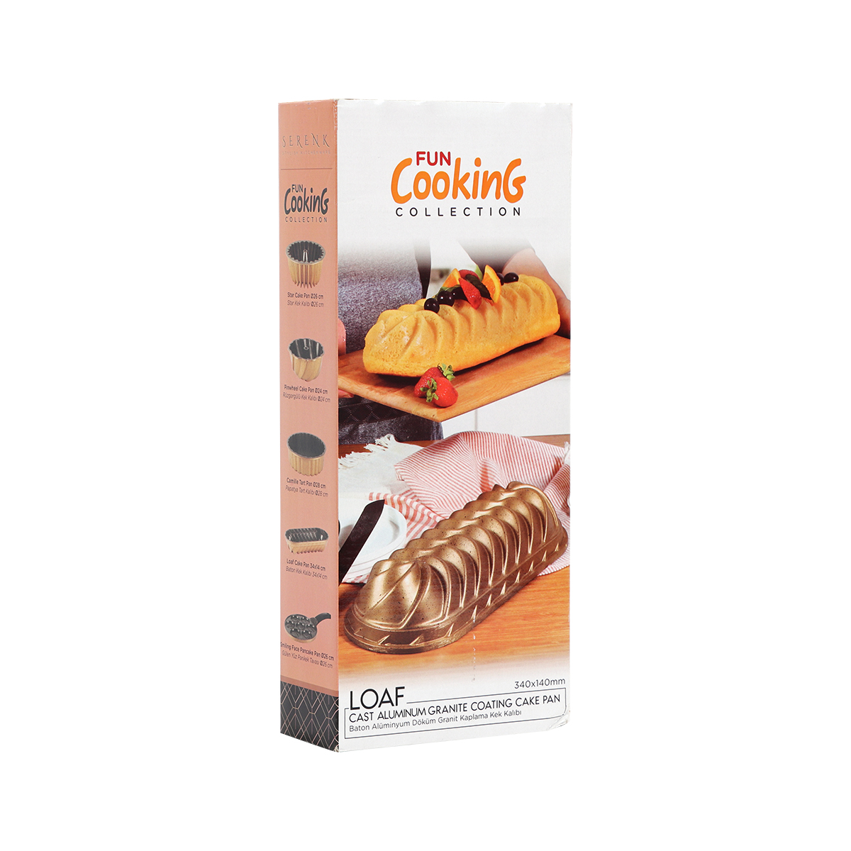 Una bandeja para pan de molde con un pastel, frutas y el logotipo de Fun Cooking Collection sobre un fondo blanco y marrón.