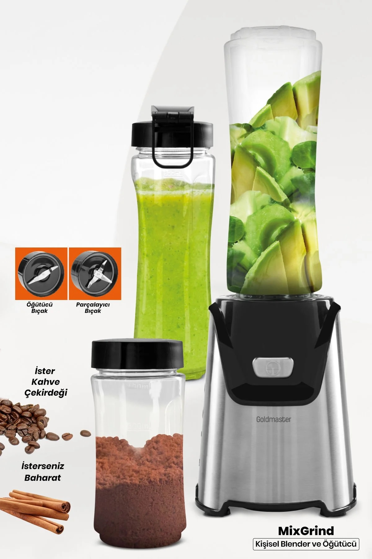 GOLDMASTER Mixgrind 2in1 Paslanmaz Çelik Bıçaklı Kahve Baharat Öğütücü ve 400 W Blender Çok Renkli