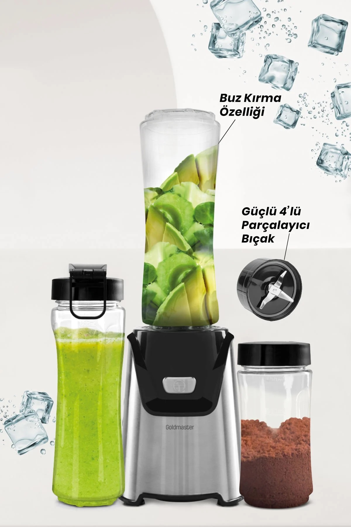 Avokado, yeşil smoothie ve kakao içeren bir blender. Buz küpleri etrafa dağılmış. Parçalar Türkçe etiketlenmiş.