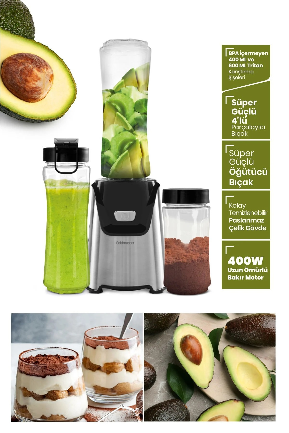 Avokado dilimleri olan bir blender. Ayrıca iki bardak tiramisu ve bazı avokadolar var.