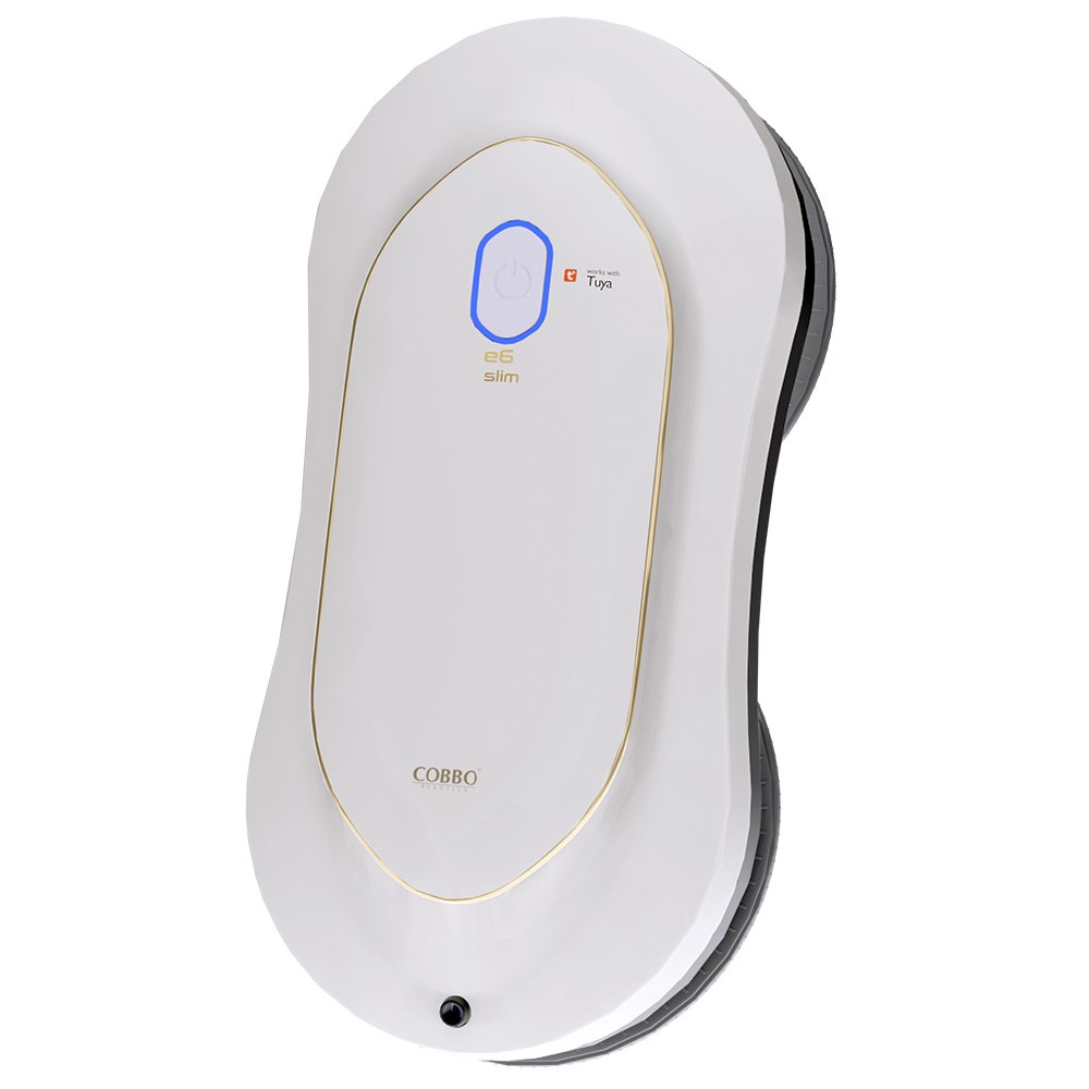 Biało-czarny robot do mycia okien. Ma niebieskie światło i nadrukowaną nazwę marki "COBBO".