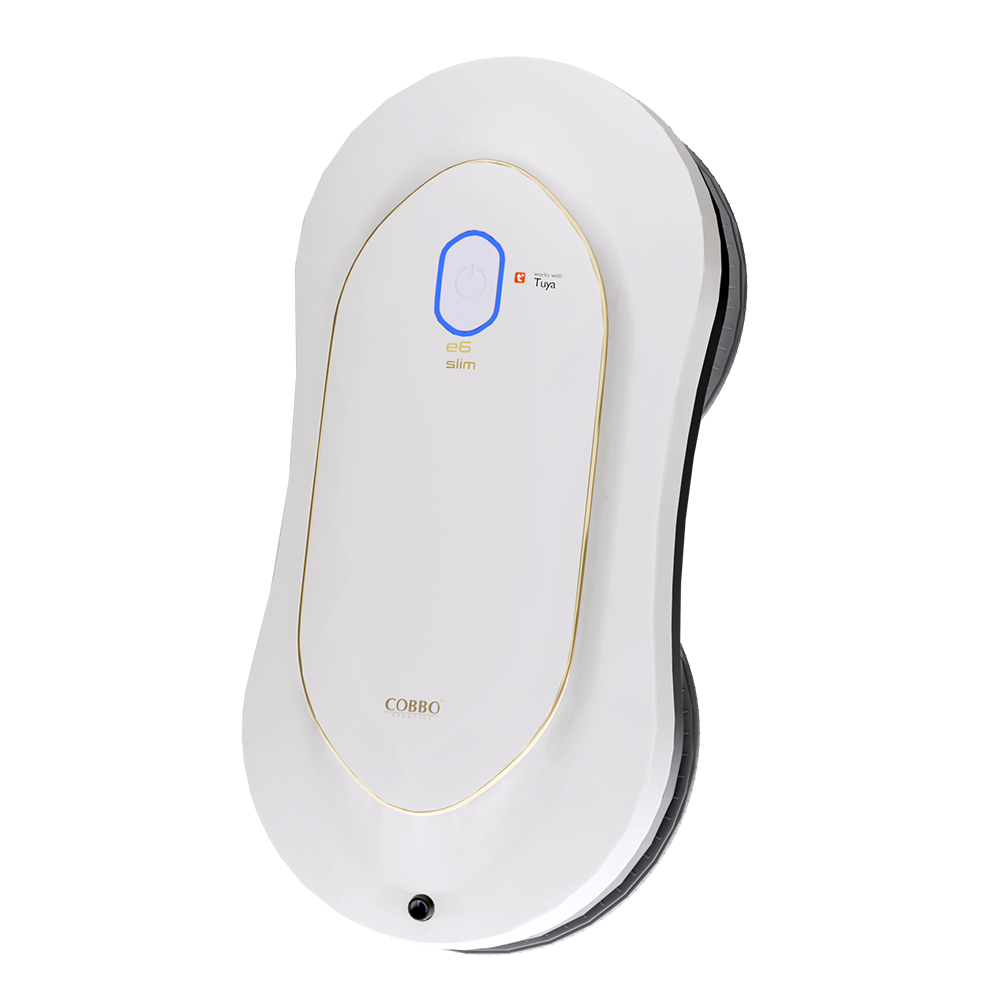 Biały robot do mycia okien ze złotym wykończeniem, niebieskim przyciskiem i czarnymi krawędziami. Marka to Cobbo.