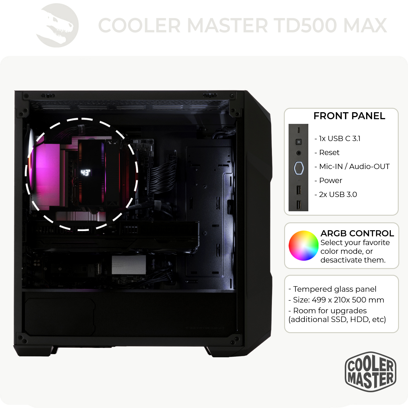 Obudowa komputera ze szklanym panelem. Wewnątrz chłodnica z różowymi i czerwonymi światłami oraz komponenty. Pokazano szczegóły przedniego panelu.