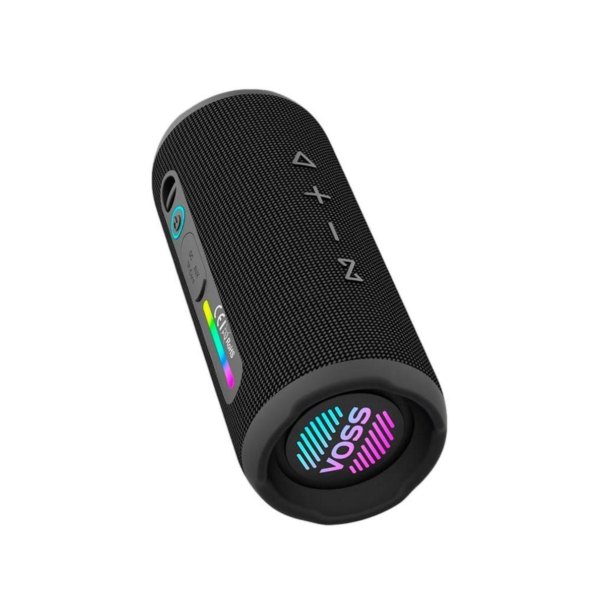 Un altavoz Voss cilíndrico negro sobre una superficie blanca. Tiene botones de volumen, un botón de encendido y un logotipo colorido.