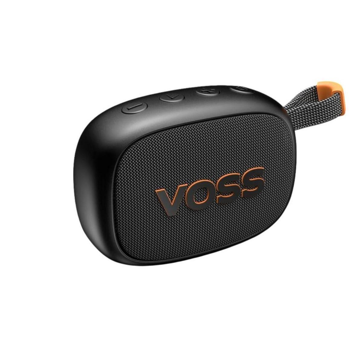 Un altavoz Voss negro con detalles naranjas. Tiene un asa y botones en la parte superior. El logo es naranja.