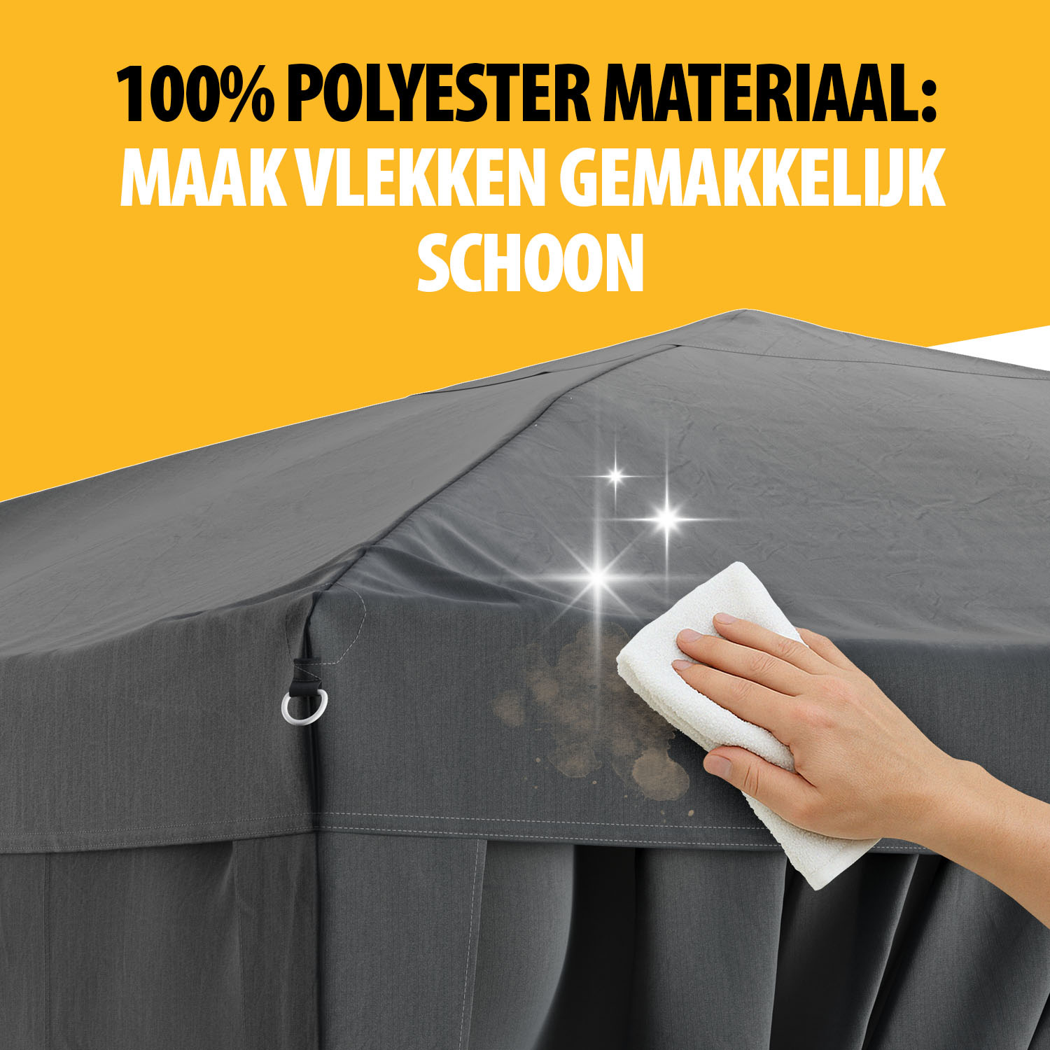 Een hand veegt een vlek op een grijze stof met een witte doek. Tekst: 100% polyestermateriaal, vlekken gemakkelijk schoon.