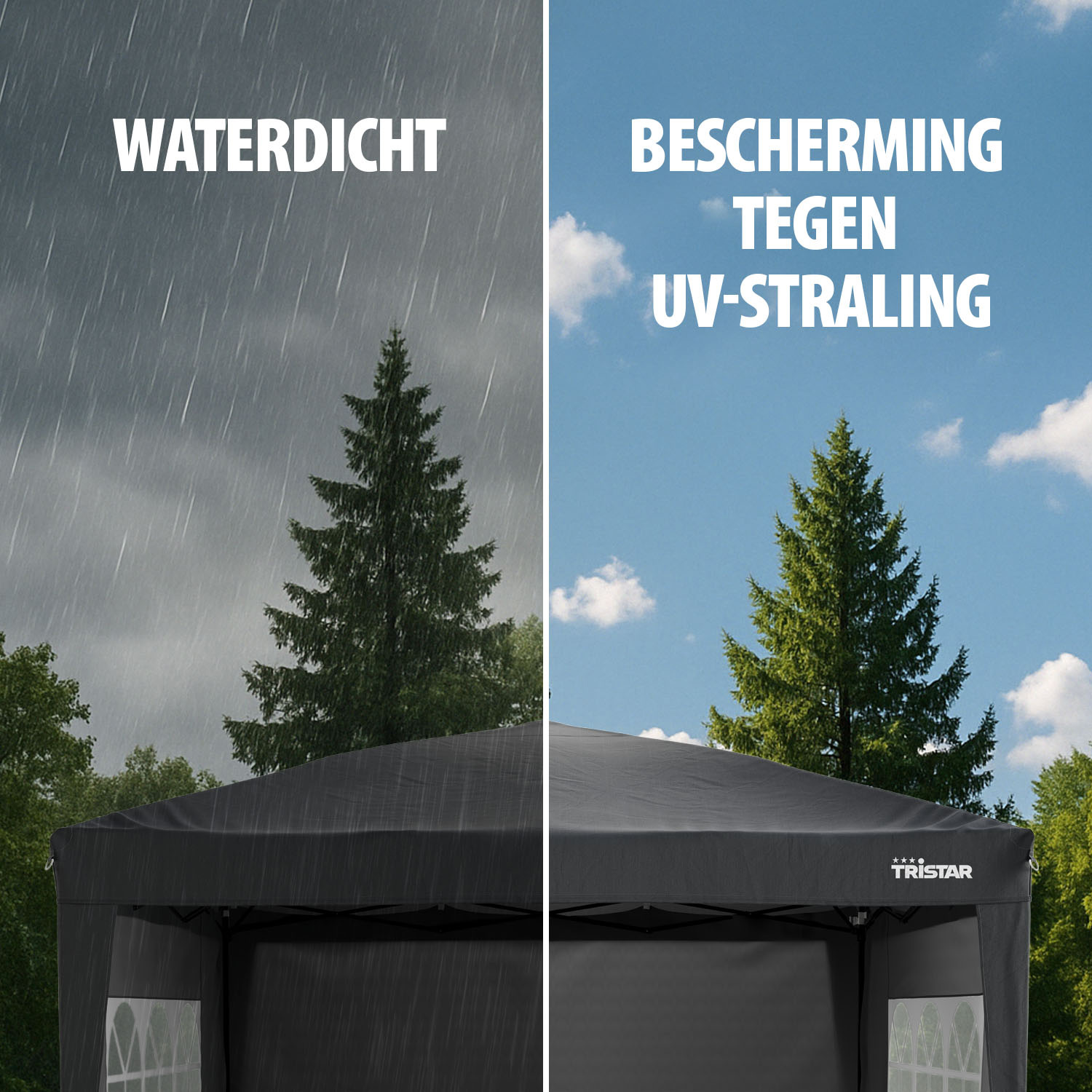 Een gesplitste afbeelding toont een zwart afdak in regen en zon. Tekst zegt 'waterdicht' en 'UV-bescherming'. Het afdak heeft een logo.