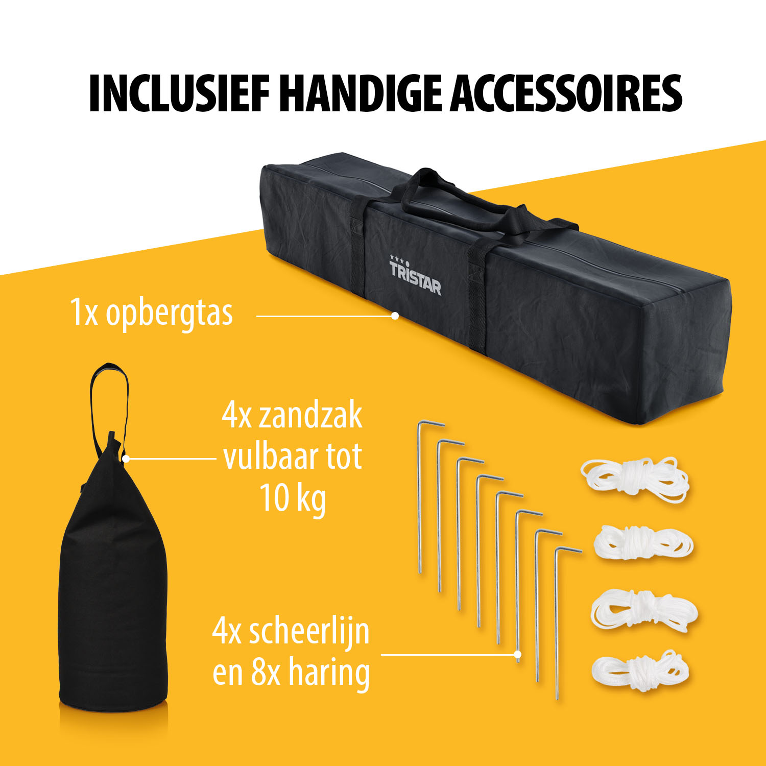 Afbeelding toont een zwarte opbergtas, zandzakken, haringen en touwen, met tekst in het Nederlands.