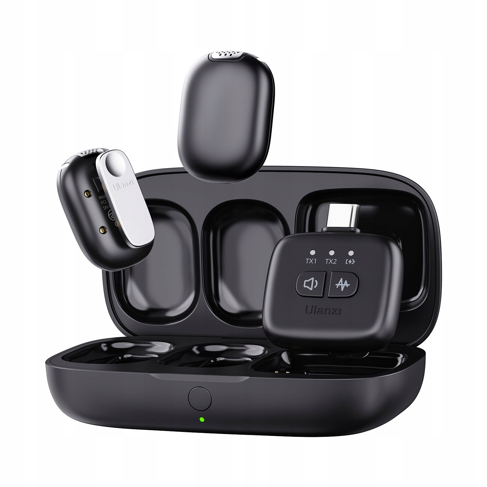 Czarny bezprzewodowy zestaw mikrofonowy z etui ładującym, trzema mikrofonami i odbiornikiem USB-C. Przyciski i wskaźniki są widoczne.