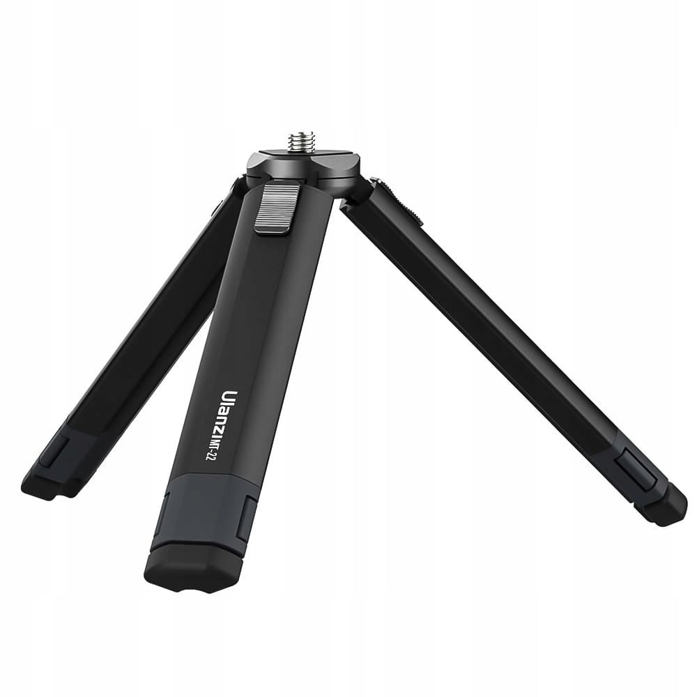 Pokazano czarny statyw Ulanzi Mini z trzema rozłożonymi nogami. Nogi są czarne, a na centralnej kolumnie znajduje się nazwa marki.