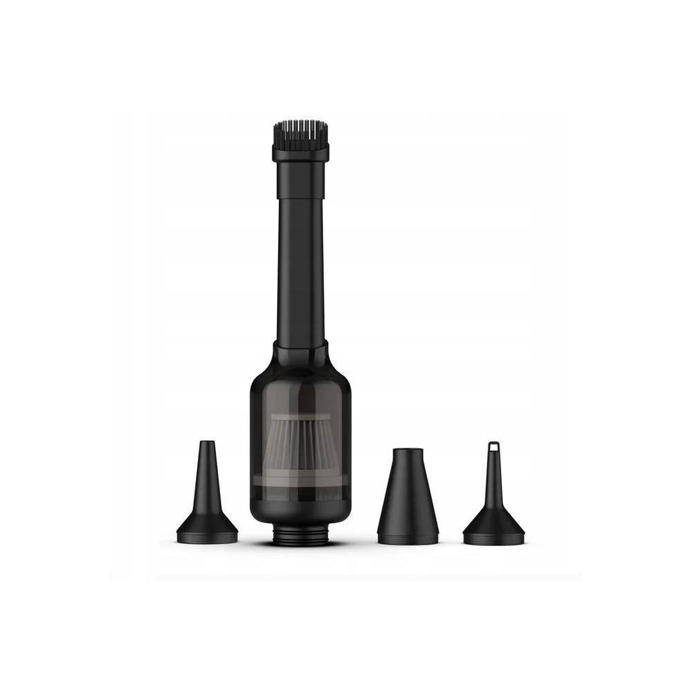 Czarny odkurzacz z trzema nasadkami. Odkurzacz ma długi uchwyt i filtr. Nasadki różnią się kształtem i rozmiarem.