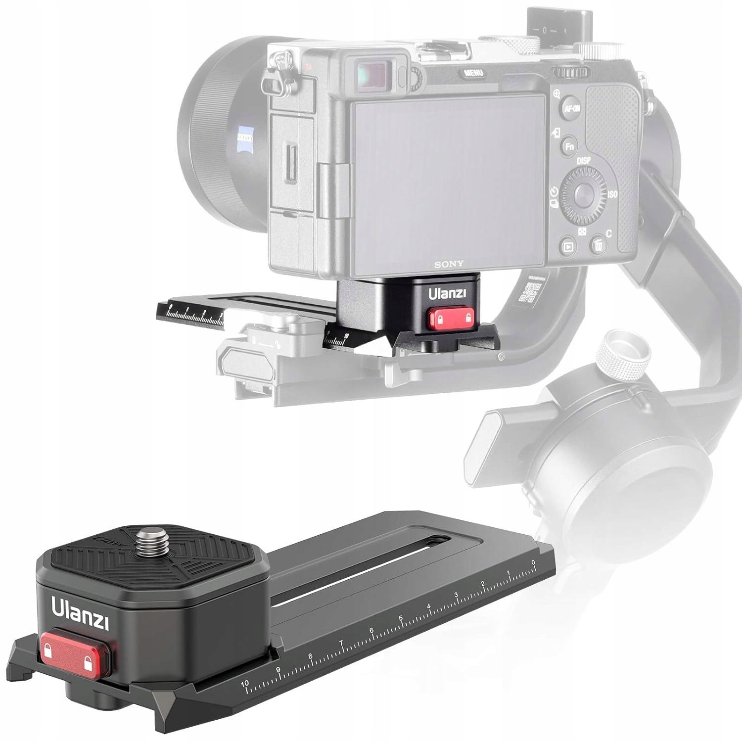 Zestaw do kamery z czarnym suwakiem i mocowaniem kamery. Kamera Sony jest zamontowana na zestawie. Zestaw ma czerwone przyciski zwalniające.