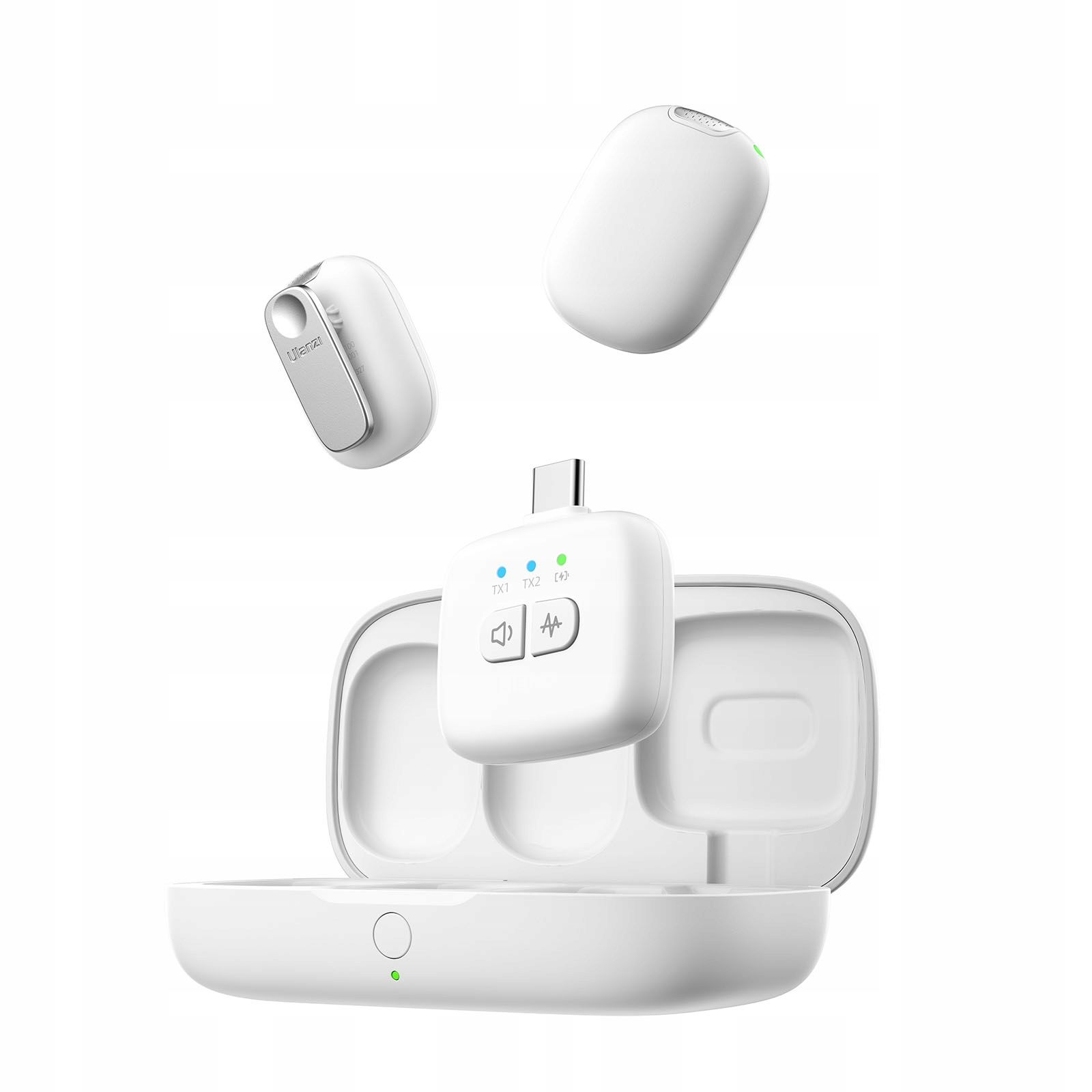 Biały bezprzewodowy zestaw mikrofonowy z etui ładującym i dwoma innymi modułami, wszystko na białym tle.