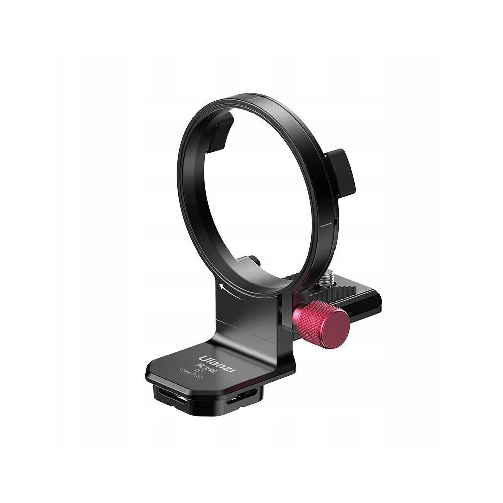 Czarny dodatek do kamery Ulanzi, z okrągłym uchwytem i czerwonym pokrętłem. Podstawa jest prostokątna, a tło białe.
