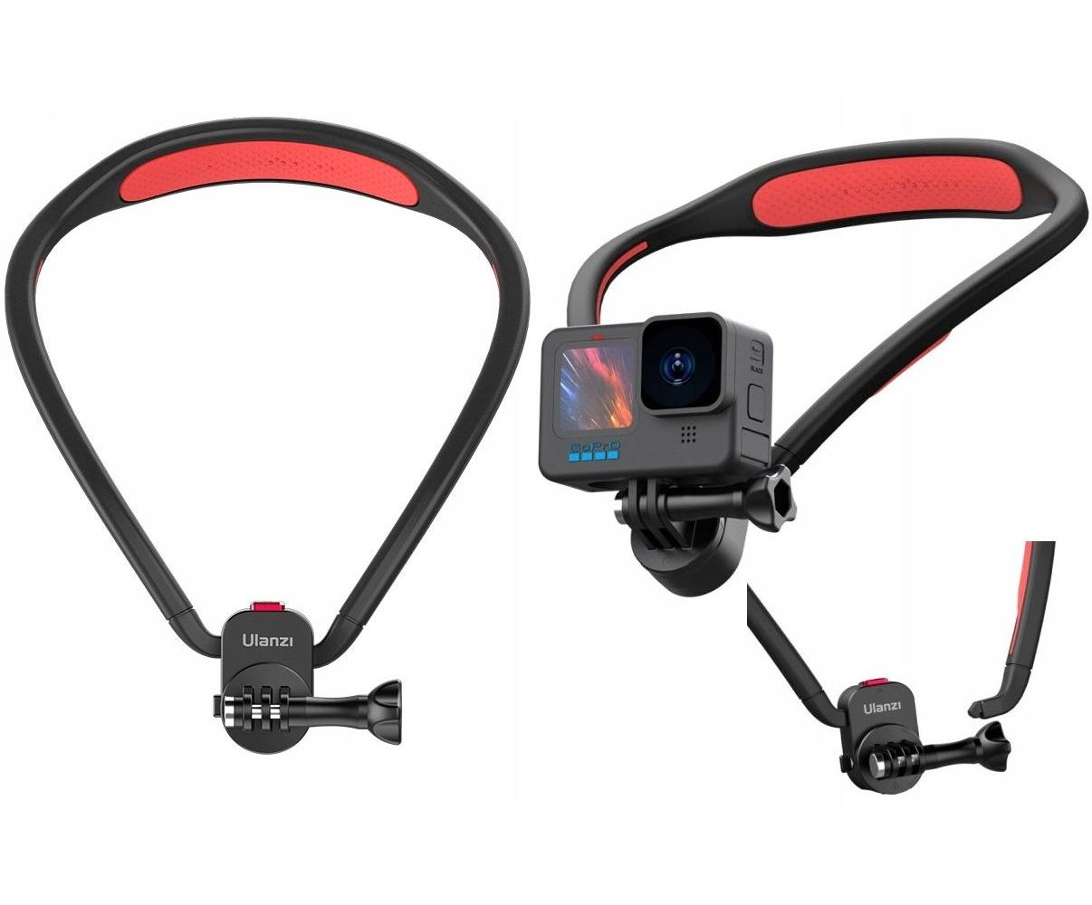 Czarny uchwyt na szyję z czerwonym wyściełanym obszarem, trzymający kamerę GoPro. Uchwyt ma logo Ulanzi. Kamera jest czarna.