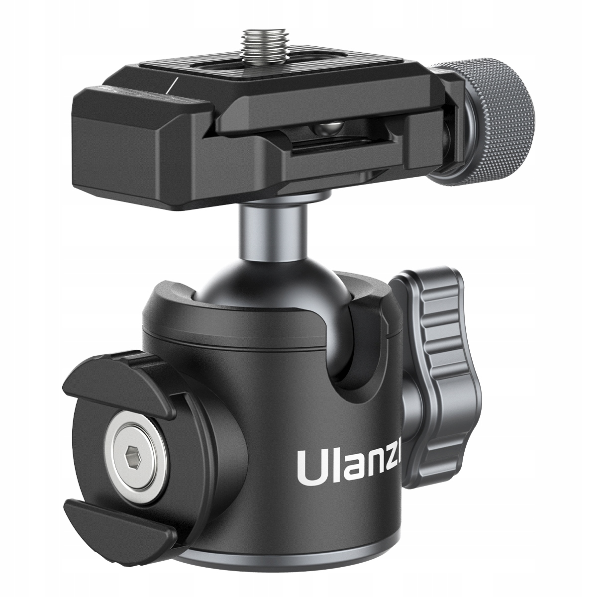 Czarny uchwyt do statywu Ulanzi z głowicą kulową z różnymi pokrętłami regulacyjnymi i śrubą do mocowania aparatu.