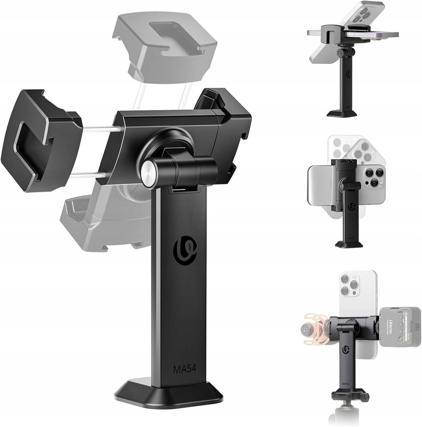Czarny stojak na telefon z wieloma załącznikami. Utrzymuje telefon w różnych pozycjach. Stojak ma logo i napis 'MA54'.