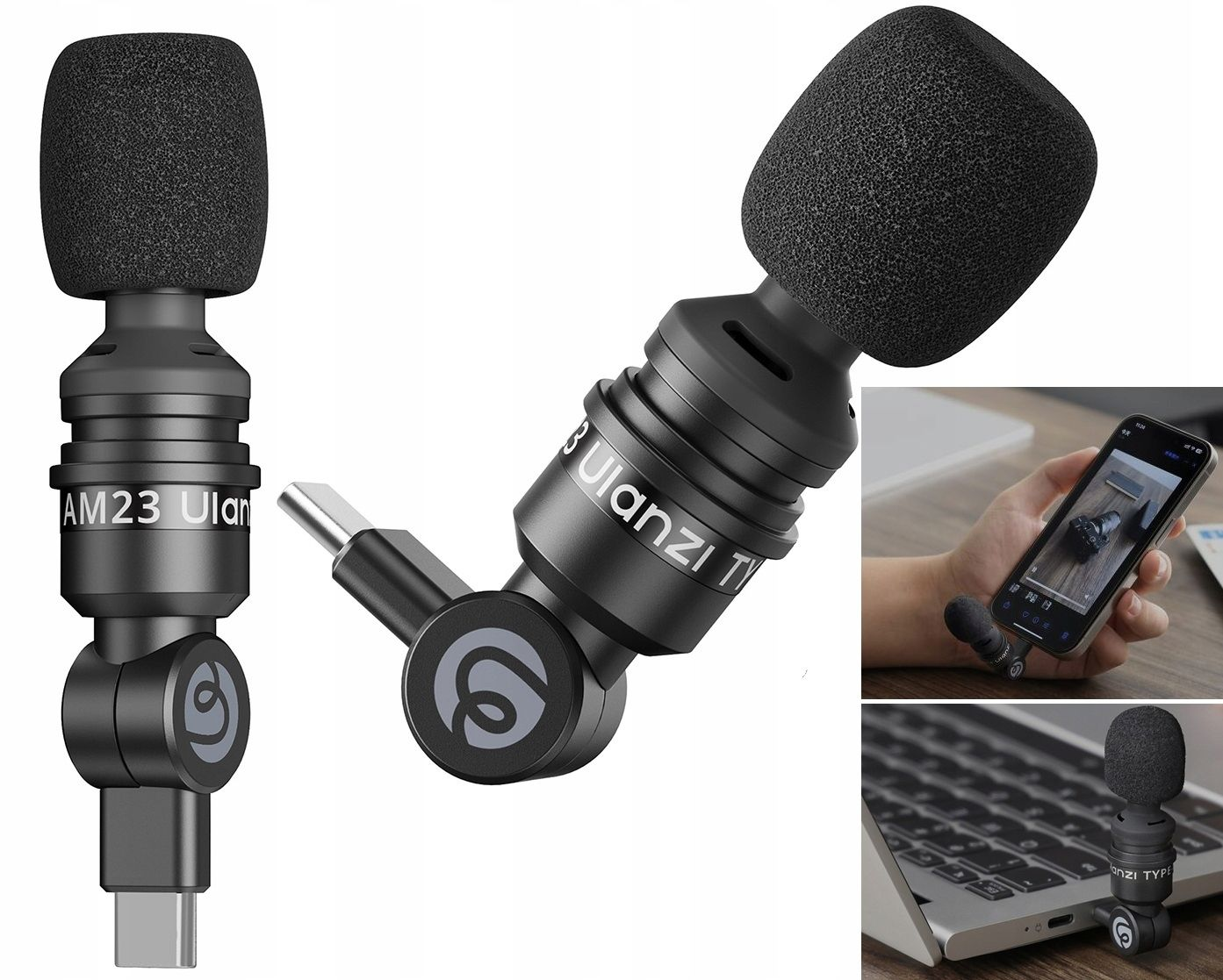 Czarny mikrofon Ulanzi AM23 z piankową osłoną, pokazany pod różnymi kątami, w tym podłączenie do telefonu i laptopa.