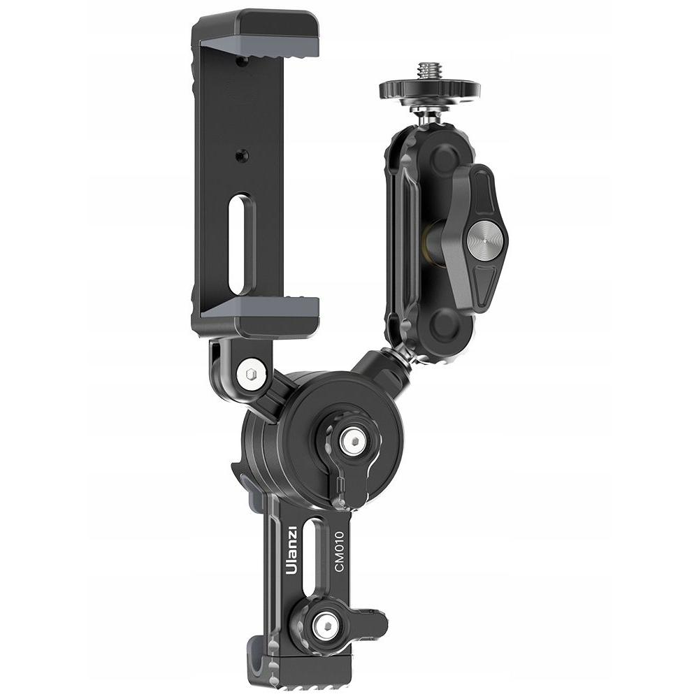 Czarny uchwyt do telefonu Ulanzi CM010, regulowany, z głowicą kulową i śrubą do mocowania do statywu.