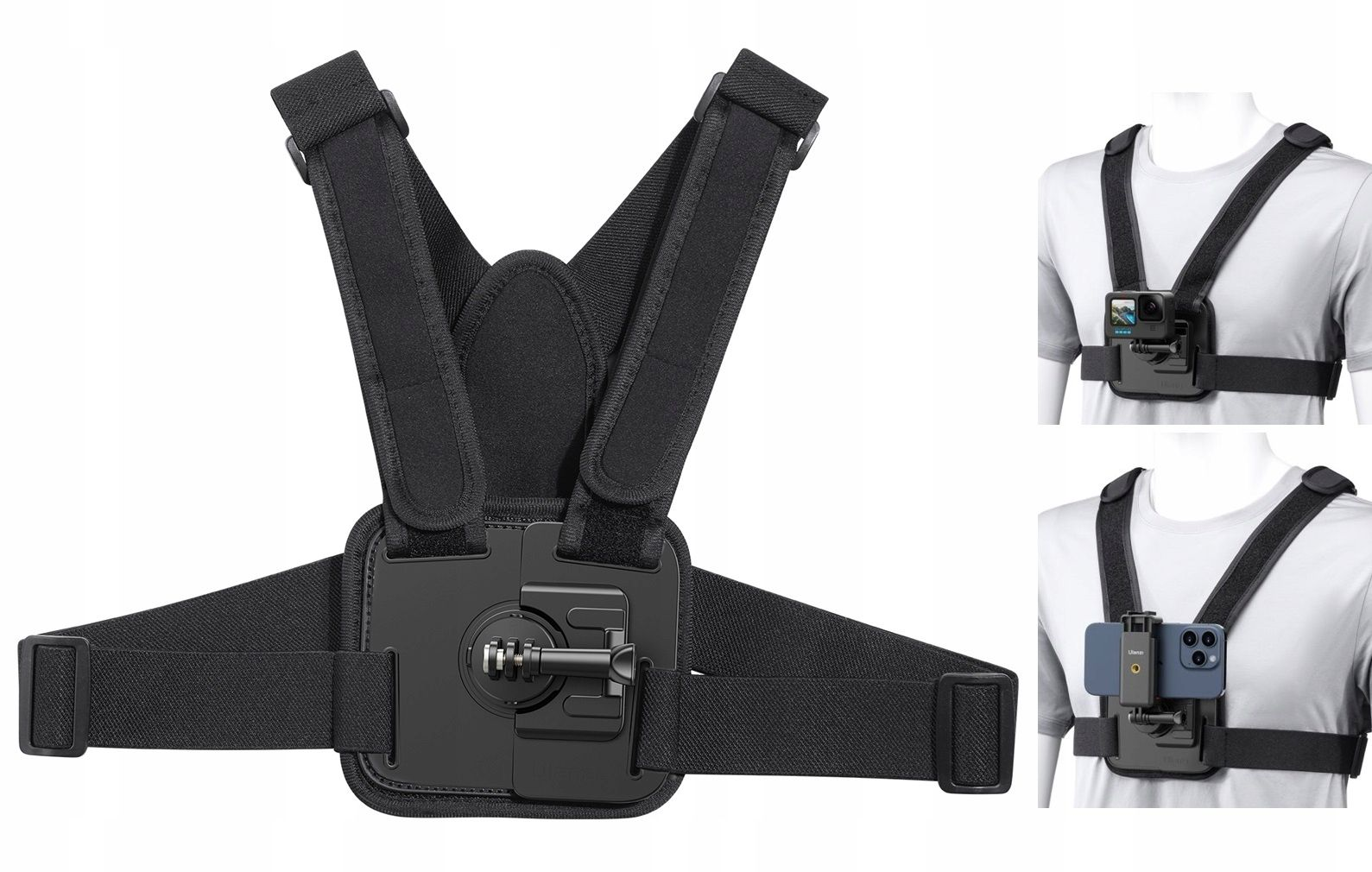 Czarny pasek na klatkę piersiową do kamer sportowych. Posiada regulowane paski i płytkę montażową do mocowania kamery lub telefonu.