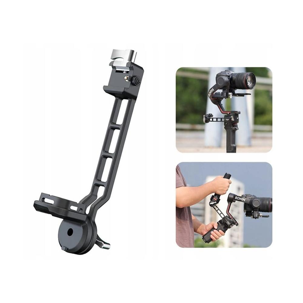 Pokazano czarny stabilizator kamery. Dwa mniejsze obrazy przedstawiają stabilizator w użyciu z kamerami.