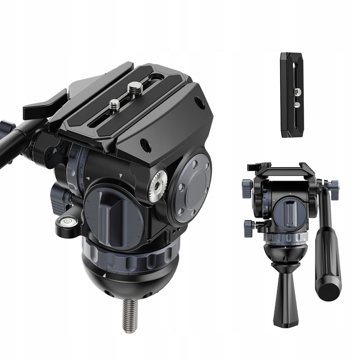 Czarna głowica statywu z wieloma częściami i mała głowica statywu po prawej stronie. Dodatkowa płyta nad głowicą.