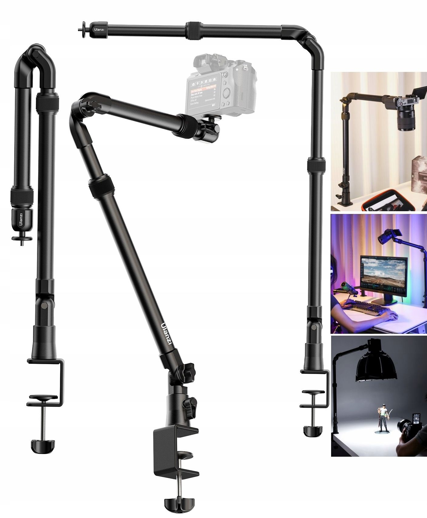 Czarny wysięgnik do kamery z wieloma sekcjami, zaciskami i przegubami. Kilka zdjęć pokazuje jego użycie z kamerami i światłami.