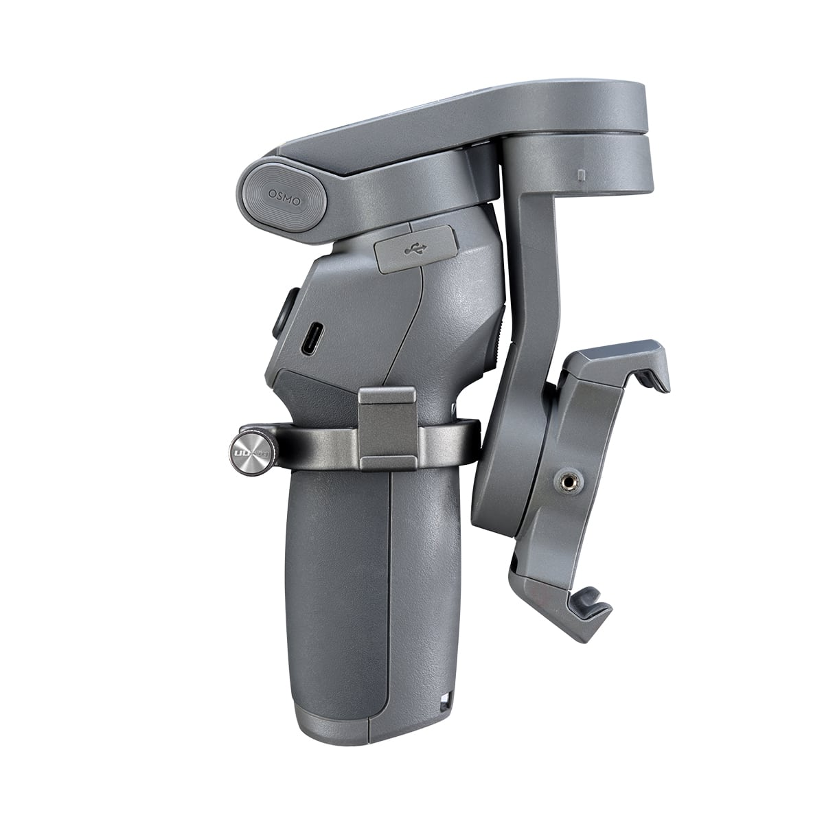 Szare urządzenie mobilne Osmo. Ma uchwyt, zacisk na telefon oraz różne przyciski i porty. Tło jest białe.