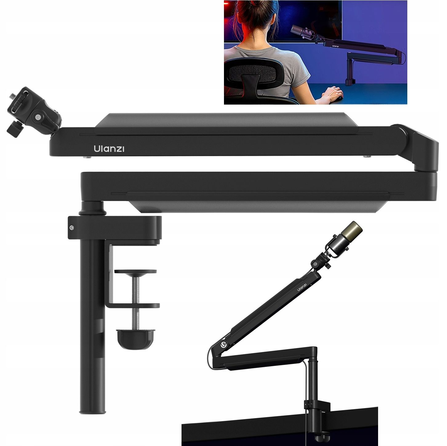 Czarny uchwyt na ramię mikrofonu z mikrofonem. Jest przymocowany do biurka. Widoczna jest nazwa marki Ulanzi.