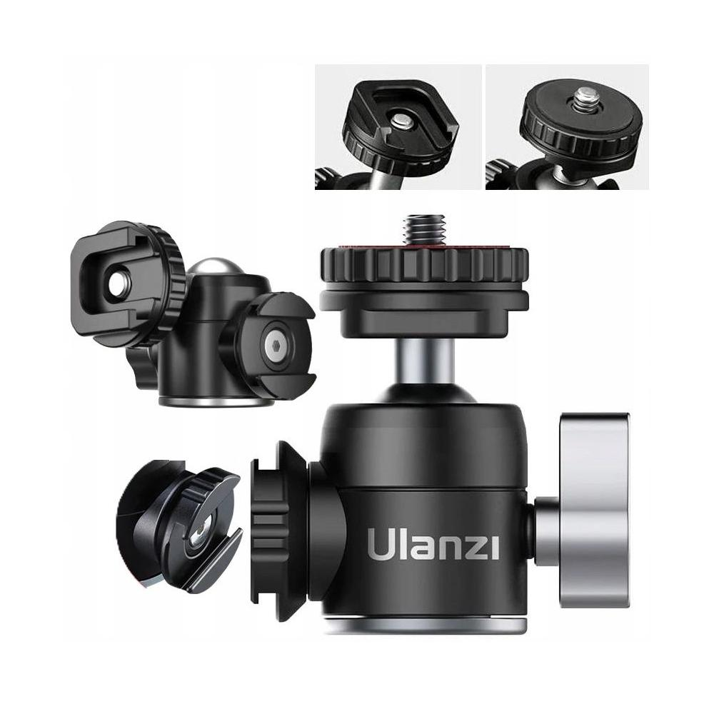 Czarna głowica statywu Ulanzi ze srebrnymi akcentami. Kilka zbliżeń pokazuje szczegóły głowicy kulowej i elementów montażowych.