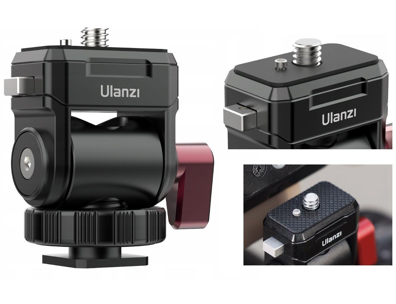 Czarny uchwyt do kamery Ulanzi z czerwonymi akcentami. Ma kilka części ze śrubami i dźwigniami regulacyjnymi. Marka jest widoczna.