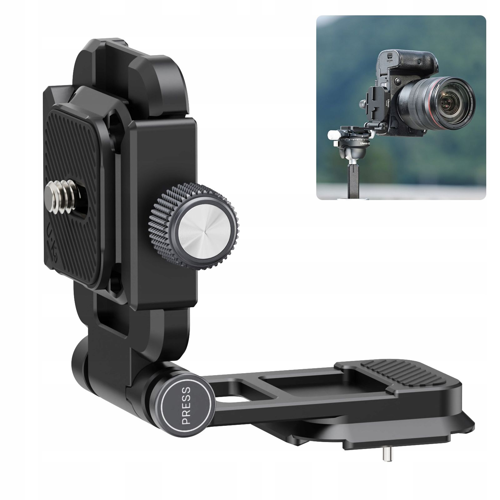 Czarny uchwyt do aparatu ze srebrną śrubą i pokrętłem. Na zdjęciu wstawionym zamontowany jest aparat.