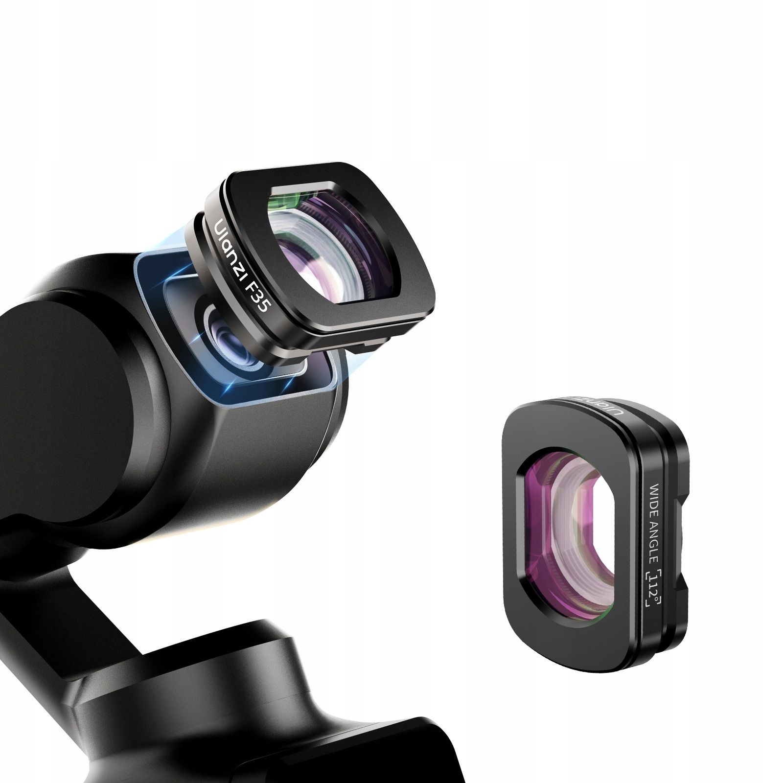 Dwa czarne obiektywy do aparatu, jeden z napisem 'Ulanzi F35'. Widoczny jest również obiektyw szerokokątny i czarny uchwyt do aparatu.