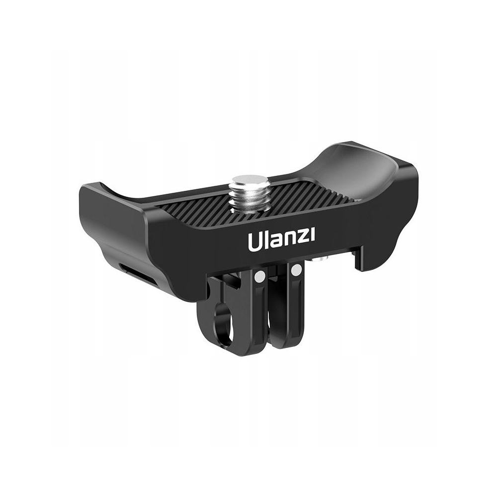 Czarny uchwyt do kamery Ulanzi na białym tle. Ma śrubę, logo Ulanzi i inne punkty mocowania.
