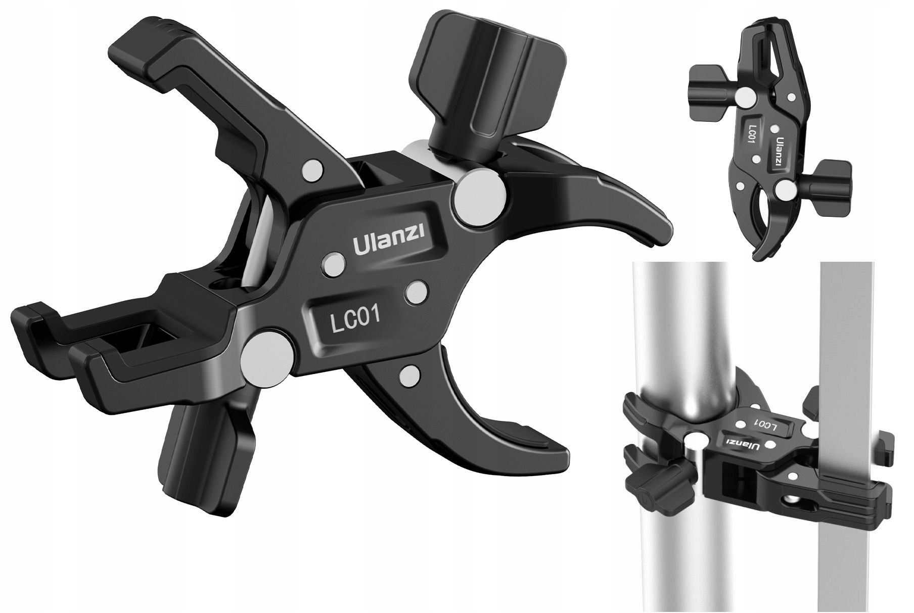 Czarny zacisk Ulanzi LC01, pokazany w wielu widokach. Służy do mocowania do słupów, z widoczną nazwą marki i numerem modelu.